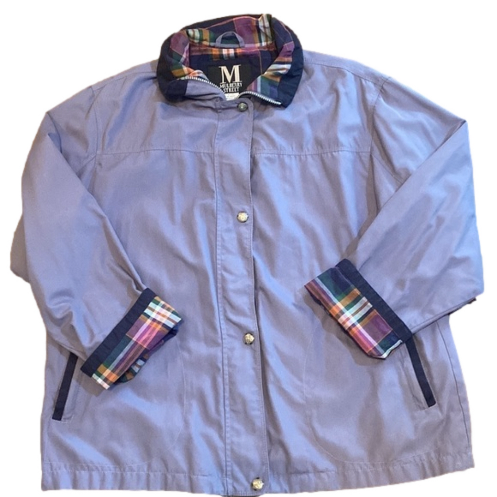 Mulberry Street lightweight purple and plaid hooded coat. Size Large.